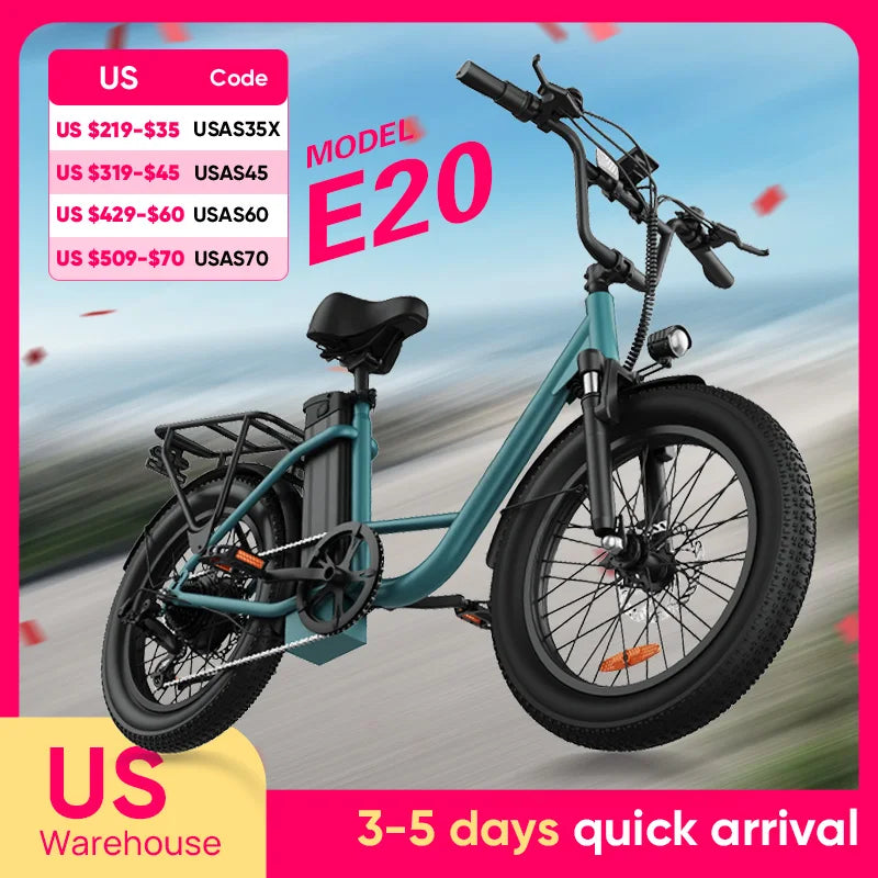 URLIFE 1000W E20 Electric Bike | 
48V 13Ah Removable Battery,
 20MPH, 20''X3" Fat Tire, 7-Speed  with Dual Disc Brake