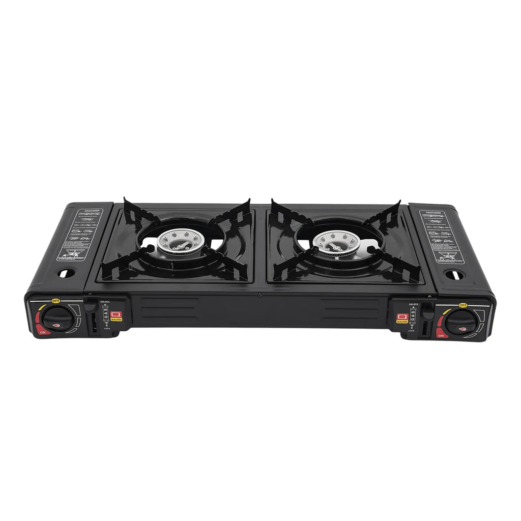 2 Burners-- Portable Camping Stove,     2.5KW Auto Ignition
Butane/LPG Gas  w/Baking Tray+Carrying Case for RV Outdoor Picnic BBQ