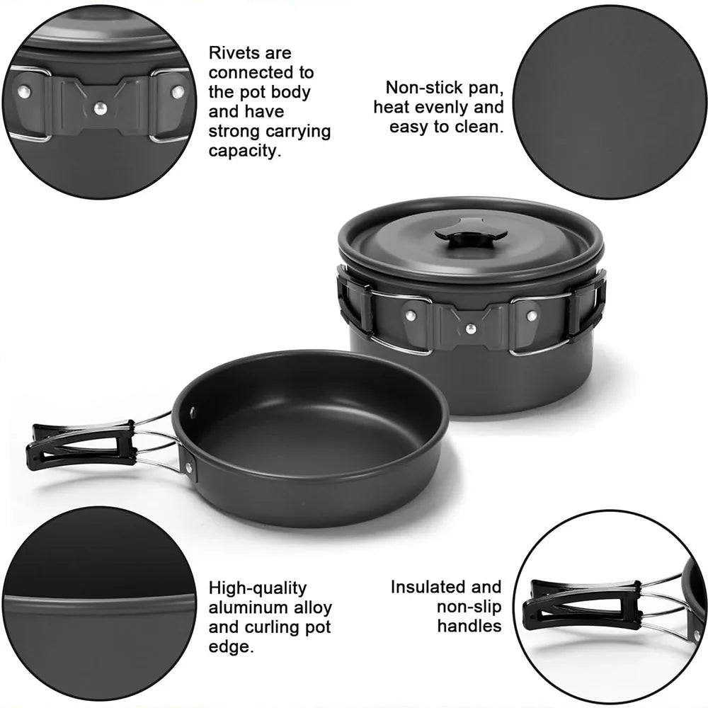 Camping Cookware Mess Kit, ---Lightweight Pot Pan Kettle Set with Cups Plates Forks Knives Spoons, 
Outdoor Cooking and Picnic
