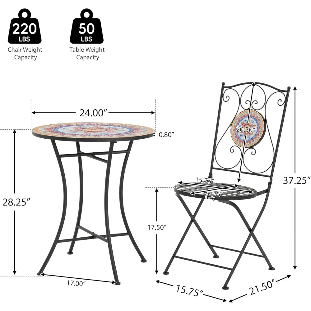 Dorin Patio , with Ceramic Tile and Iron Frame Bistro Set,. 
2-Seater , Round Top Table+Chairs Set for Garden/Balcony, Poolside, Foldable
