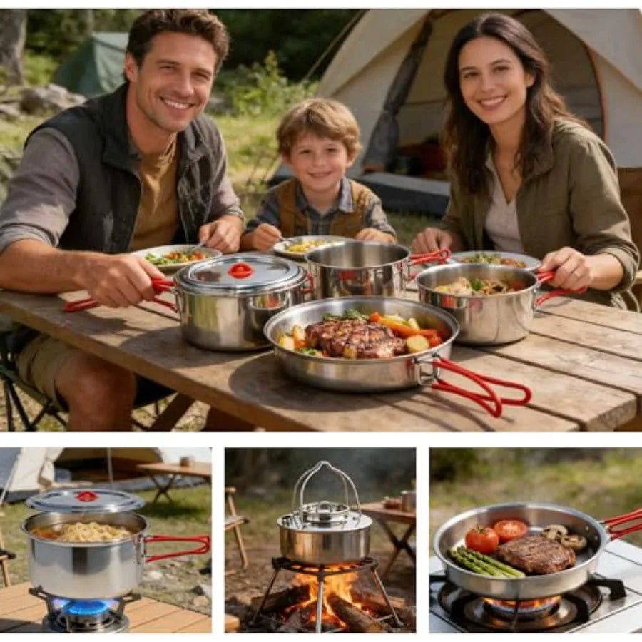 Portable 18/8 Stainless Steel Camping Cookware
 Set 11 Pcs Nesting Design Large City Pots and Pan with Kettle Compact for Picnics