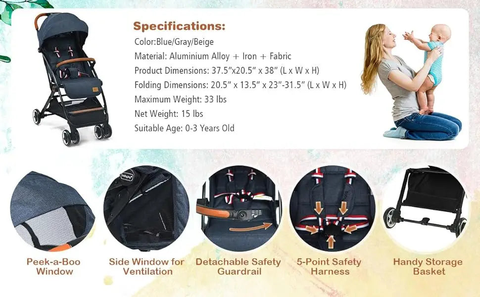 Lightweight Baby ,infant toddler Stroller, 
Compact Travel for Airplane,
 w/ 5-Point Harness, Adjustable Backrest