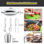 Camping Cookware Mess Kit, ---Lightweight Pot Pan Kettle Set with Cups Plates Forks Knives Spoons, 
Outdoor Cooking and Picnic