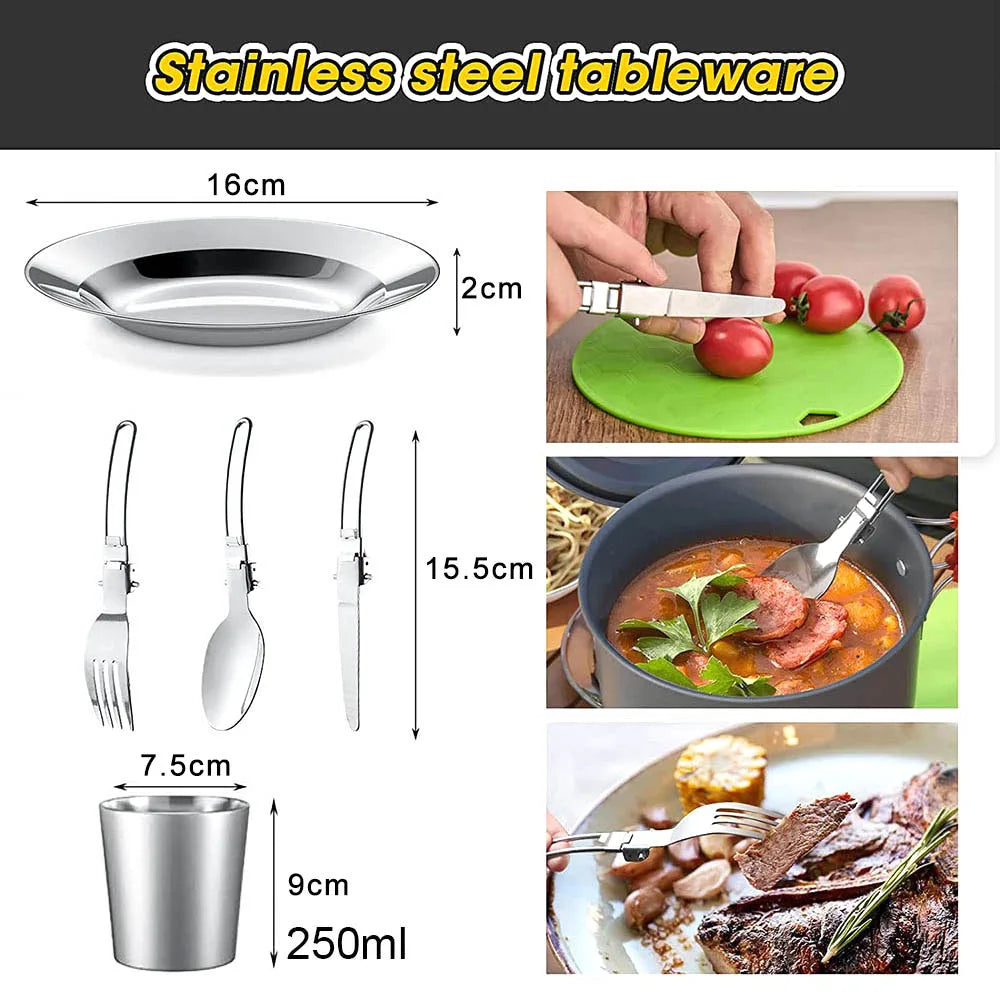 Camping Cookware Mess Kit, ---Lightweight Pot Pan Kettle Set with Cups Plates Forks Knives Spoons, 
Outdoor Cooking and Picnic