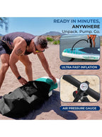 Inflatable 10’ Stand Up Paddle Board with 32” Wide Platform – 
Non-Slip EVA Deck, Drop-Stitch Construction, 3-Piece Al