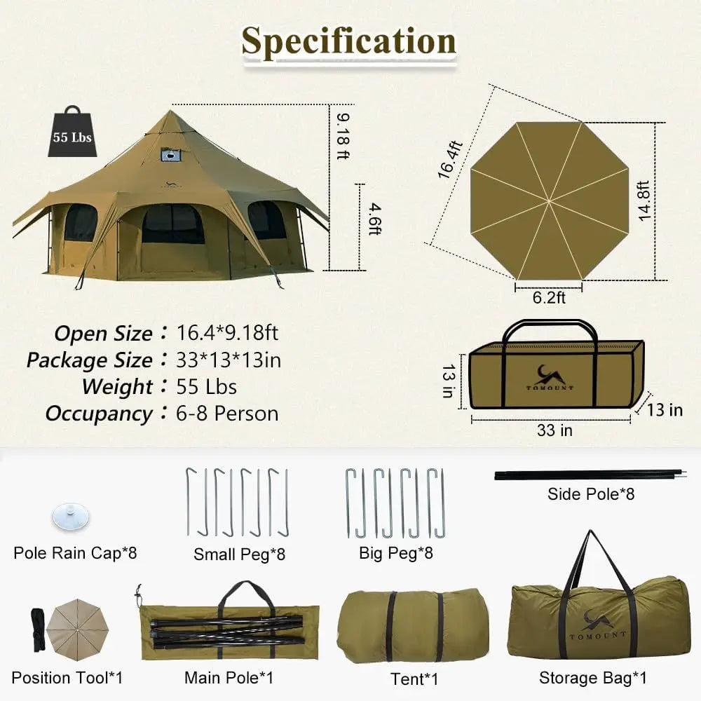 16.4ft x 9.2ft Canvas Wall Tent with Stove Jack for Outdoor Glamping Experience
