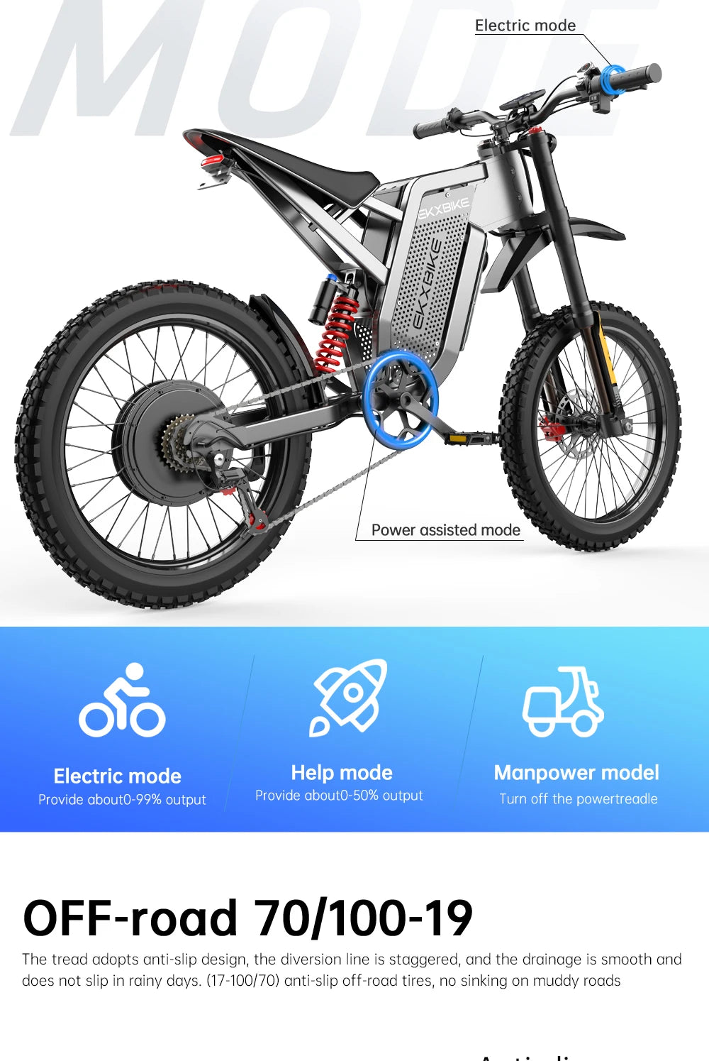 EKX X21 Max Electric cycle
3000W Brushless Gearless Motors
 60V30AH Lithium Battery Speed 85Kmh Adult Off Road Ebike