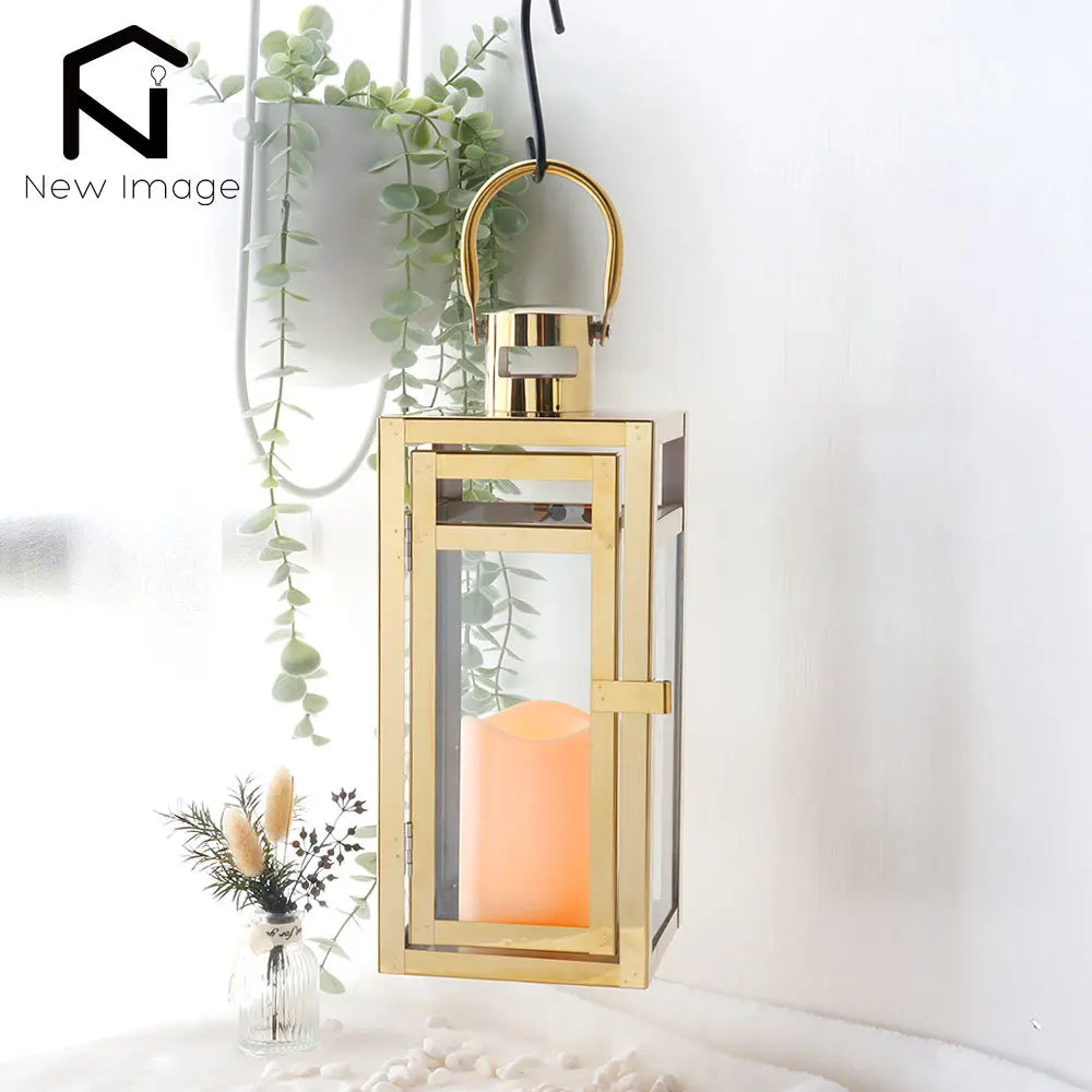 Stainless Steel Candle Holder Lantern
Gold Hanging  Metal Candlestick Light 
for Indoor -  Outdoor ,  Weddings, Parties, Home Decor