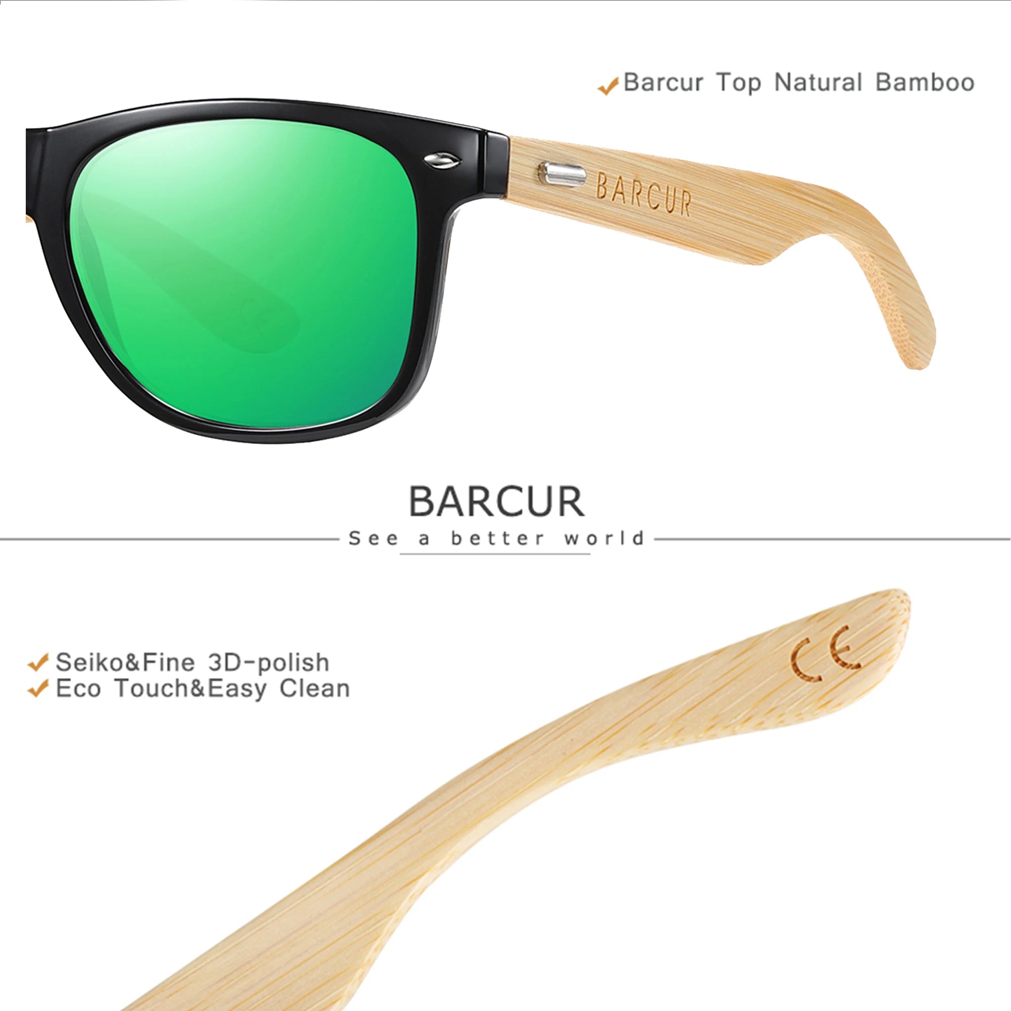 BARCUR Polarized Man Sunglasses Bamboo Sun Glasses for Women Wood UV400 Eyewear Oculos Blue Light Blocking Glasses
