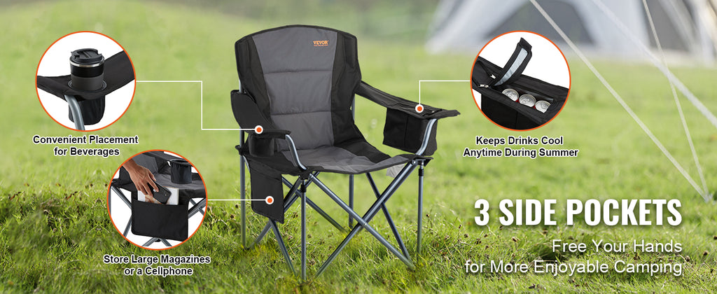 SucceBuy Camping Folding Chair for Adults  
Portable Quad Lumbar Back , Padded Arm  with Side Pockets for Beach, Lawn, Picnic
