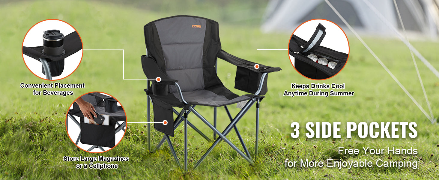 SucceBuy Camping Folding Chair for Adults  
Portable Quad Lumbar Back , Padded Arm  with Side Pockets for Beach, Lawn, Picnic