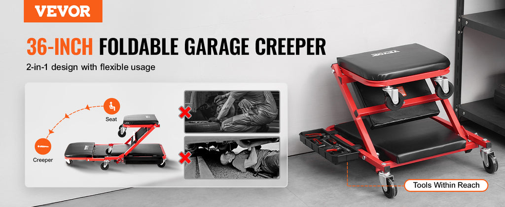 SucceBuy Foldable Z Garage Creeper.  Rolling , Folding,  
Mechanic Creeper Stool with 6 Wheels .
Tool Tray and  Padded Seat , For Garage ,Shop or Home