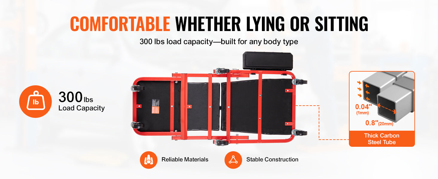 SucceBuy Foldable Z Garage Creeper.  Rolling , Folding,  
Mechanic Creeper Stool with 6 Wheels .
Tool Tray and  Padded Seat , For Garage ,Shop or Home