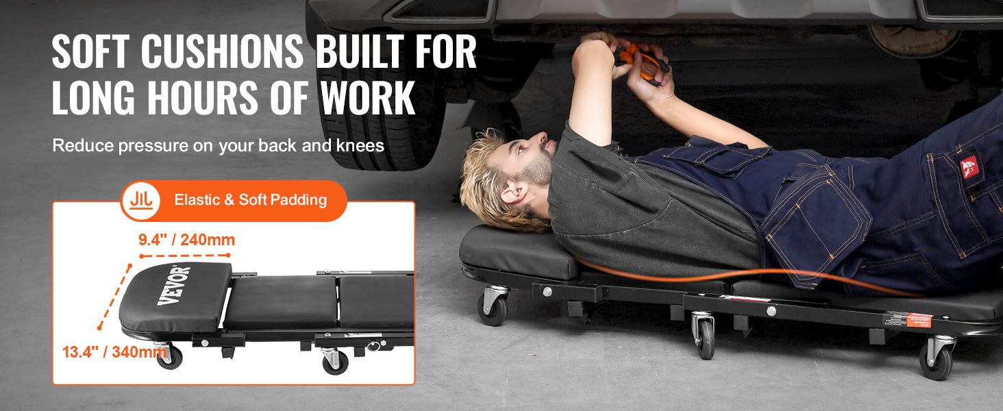 SucceBuy Foldable Z Garage Creeper.  Rolling , Folding,  
Mechanic Creeper Stool with 6 Wheels .
Tool Tray and  Padded Seat , For Garage ,Shop or Home