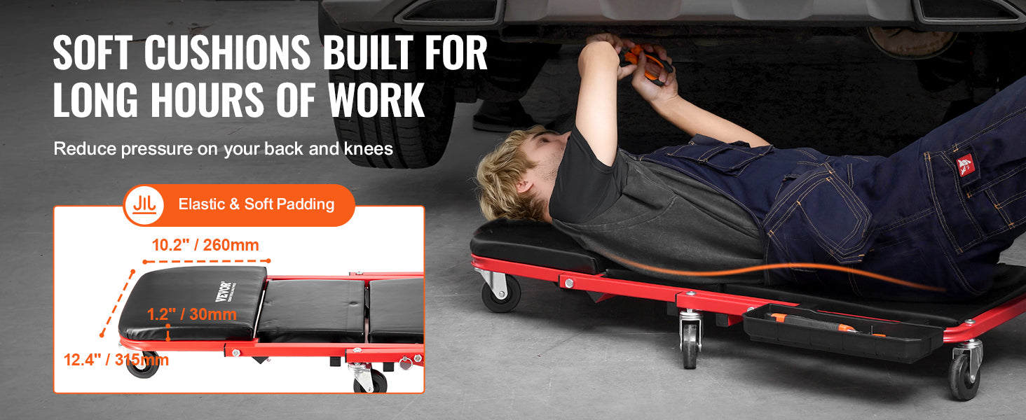 SucceBuy Foldable Z Garage Creeper.  Rolling , Folding,  
Mechanic Creeper Stool with 6 Wheels .
Tool Tray and  Padded Seat , For Garage ,Shop or Home