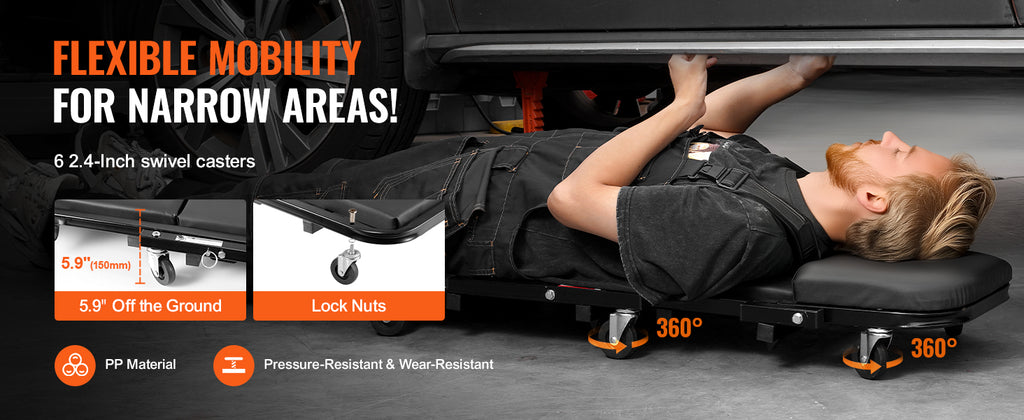 SucceBuy Foldable Z Garage Creeper.  Rolling , Folding,  
Mechanic Creeper Stool with 6 Wheels .
Tool Tray and  Padded Seat , For Garage ,Shop or Home