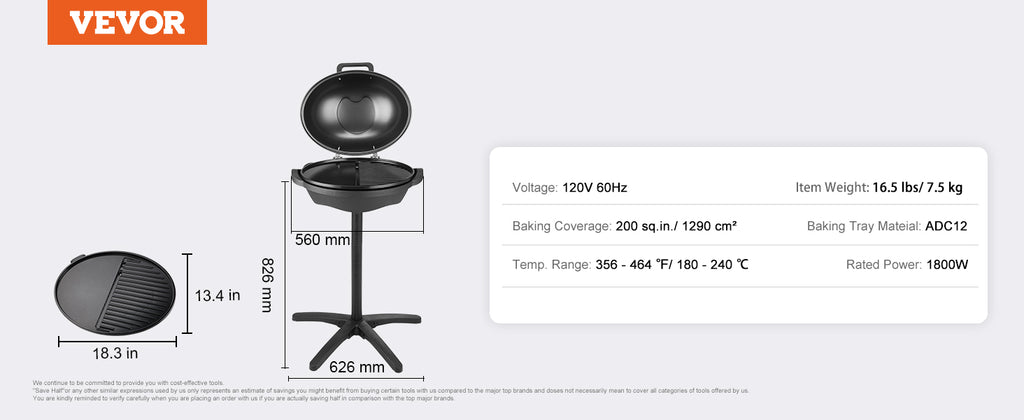 VEVOR Indoor/Outdoor Electric Grill, 1800W Electric BBQ Grill & 
2 Zone Grilling Surface Adjustable Temperature for Party Camping