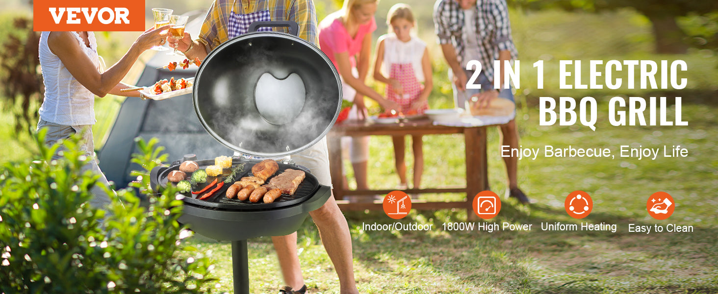 VEVOR Indoor/Outdoor Electric Grill, 1800W Electric BBQ Grill & 
2 Zone Grilling Surface Adjustable Temperature for Party Camping