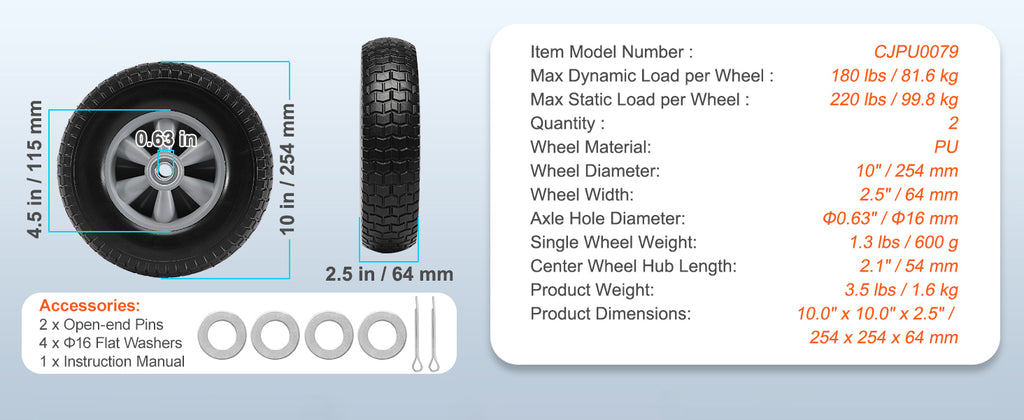 SucceBuy 2-Pack Solid PU Run-Flat Tire Wheel 10" 
Flat Free Tubeless Tires and Wheels for Dollies Garden Trailers Various Carts