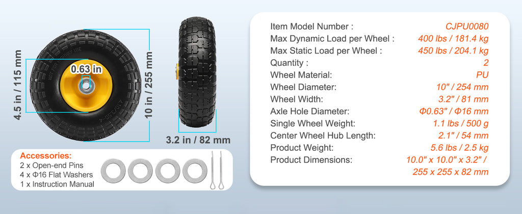 SucceBuy 2-Pack Solid PU Run-Flat Tire Wheel 10" 
Flat Free Tubeless Tires and Wheels for Dollies Garden Trailers Various Carts