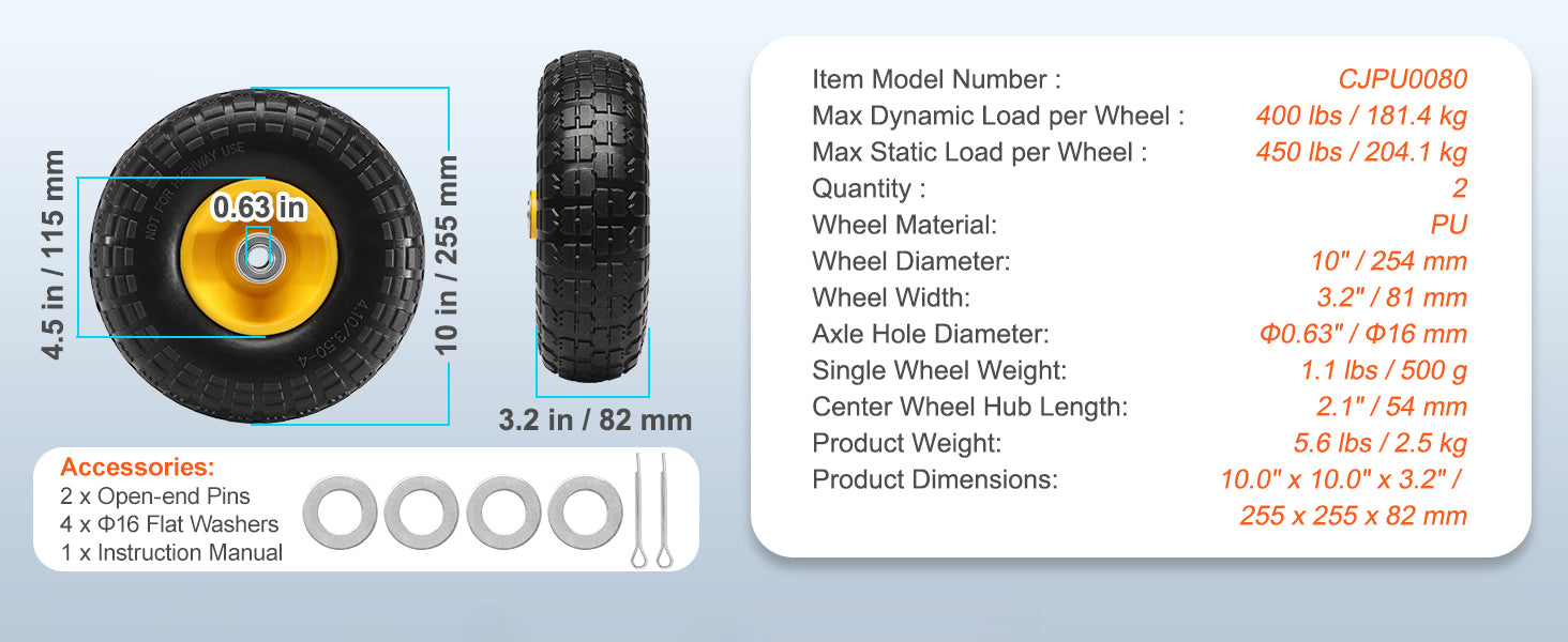 SucceBuy 2-Pack Solid PU Run-Flat Tire Wheel 10" 
Flat Free Tubeless Tires and Wheels for Dollies Garden Trailers Various Carts