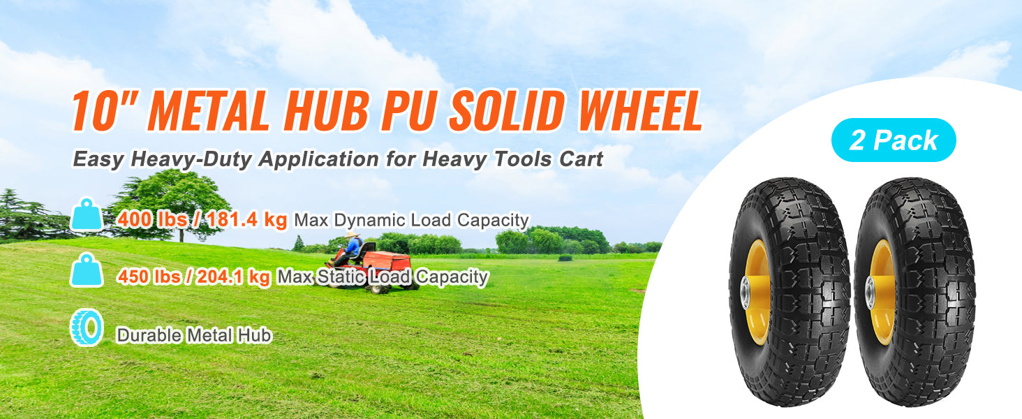 SucceBuy 2-Pack Solid PU Run-Flat Tire Wheel 10" 
Flat Free Tubeless Tires and Wheels for Dollies Garden Trailers Various Carts
