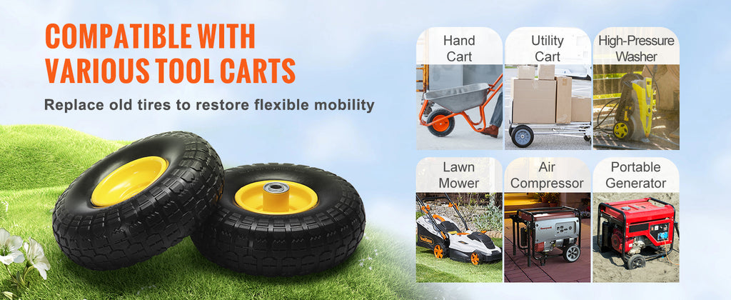 SucceBuy 2-Pack Solid PU Run-Flat Tire Wheel 10" 
Flat Free Tubeless Tires and Wheels for Dollies Garden Trailers Various Carts