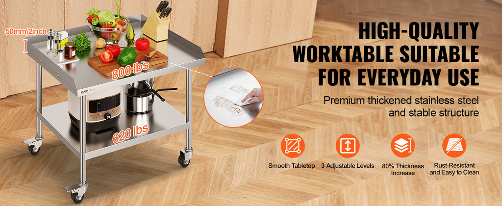SucceBuy Stainless Steel Work Table Commercial Food Prep  
with 4 Wheels 
Heavy Duty for Restaurant Home