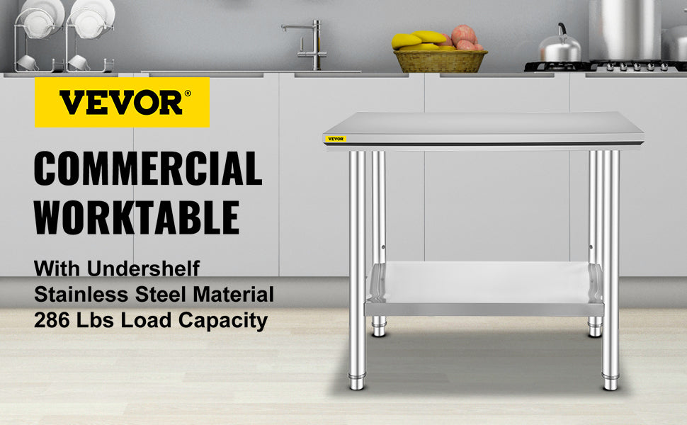 VEVOR Kitchen Work Bench.
Commercial Catering Table with Undershelf Stainless Steel 330LBS 286LBS for Restaurant Garage