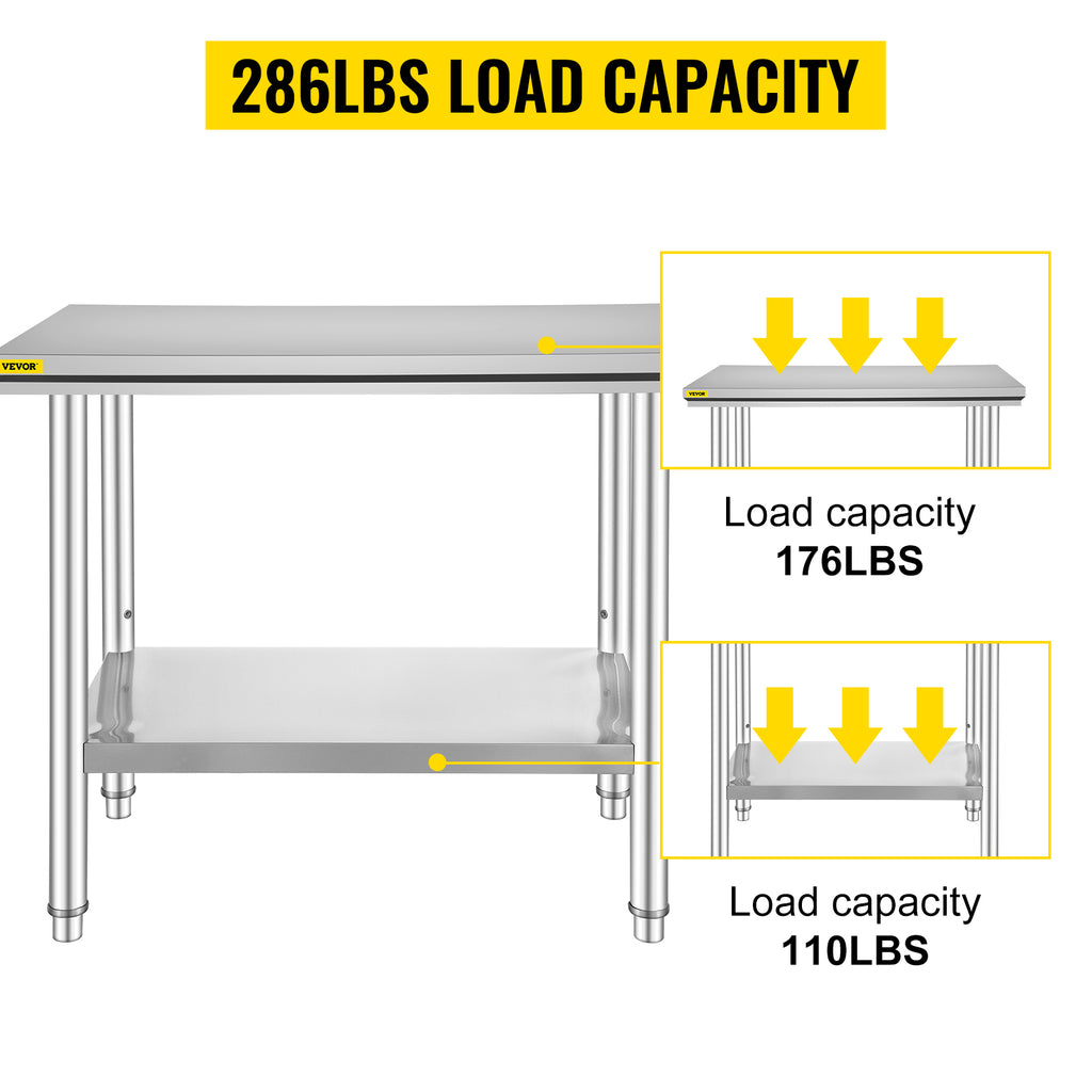 VEVOR Kitchen Work Bench.
Commercial Catering Table with Undershelf Stainless Steel 330LBS 286LBS for Restaurant Garage