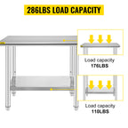 VEVOR Kitchen Work Bench.
Commercial Catering Table with Undershelf Stainless Steel 330LBS 286LBS for Restaurant Garage