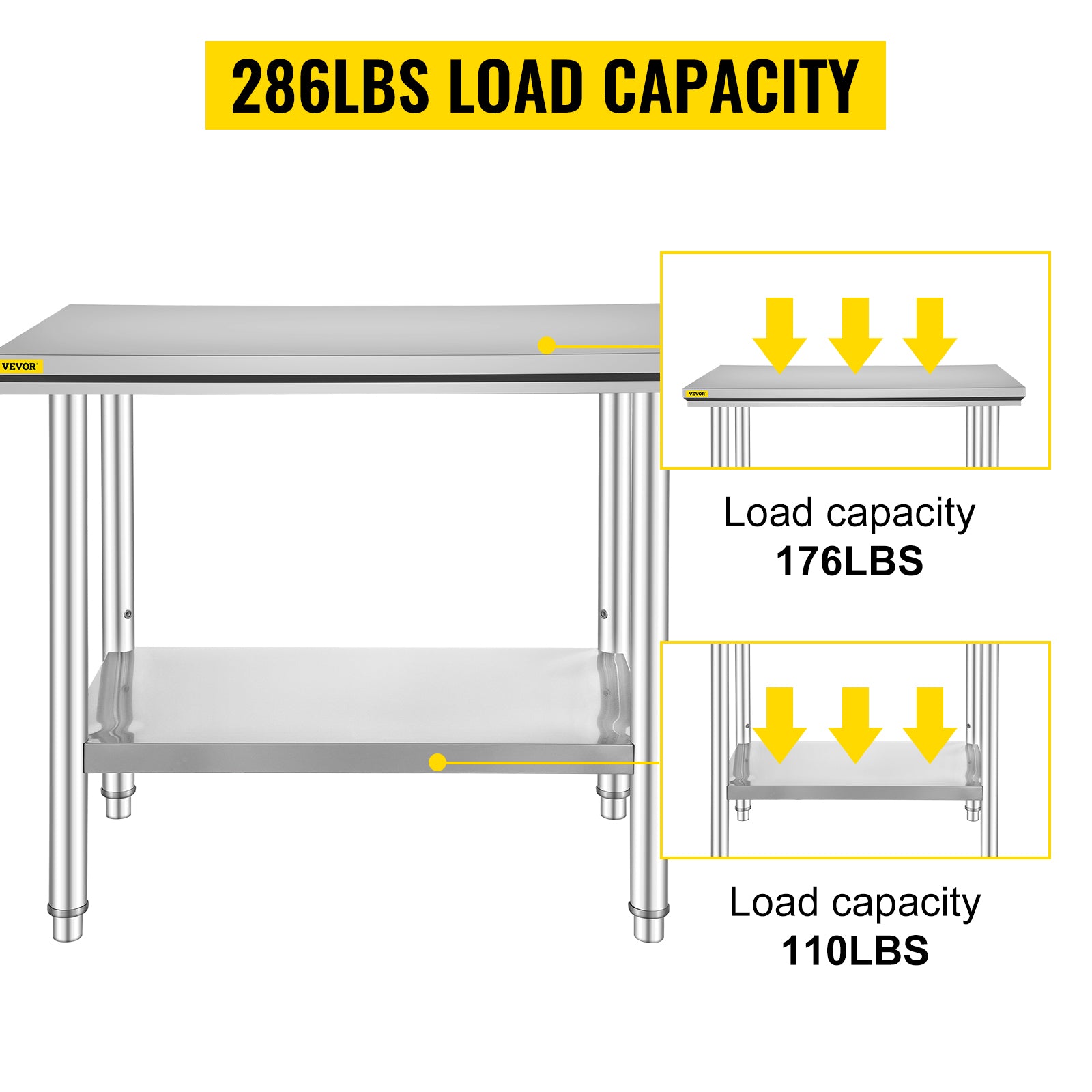 VEVOR Kitchen Work Bench.
Commercial Catering Table with Undershelf Stainless Steel 330LBS 286LBS for Restaurant Garage