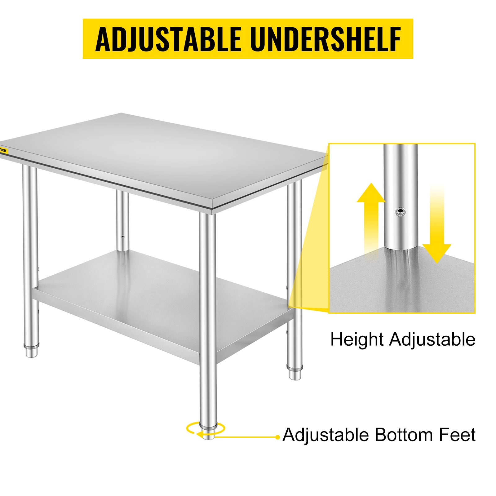 VEVOR Kitchen Work Bench.
Commercial Catering Table with Undershelf Stainless Steel 330LBS 286LBS for Restaurant Garage