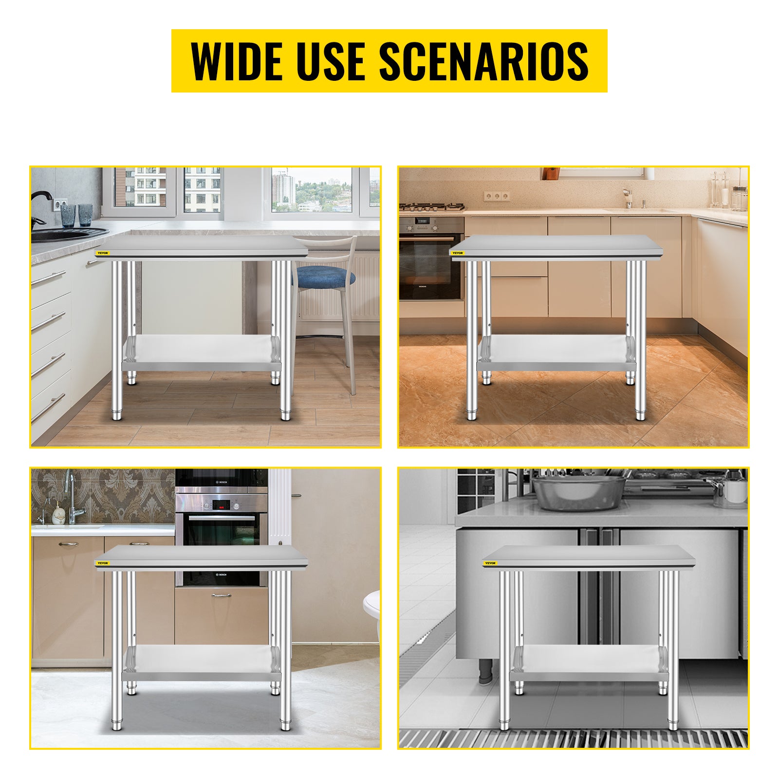 VEVOR Kitchen Work Bench.
Commercial Catering Table with Undershelf Stainless Steel 330LBS 286LBS for Restaurant Garage