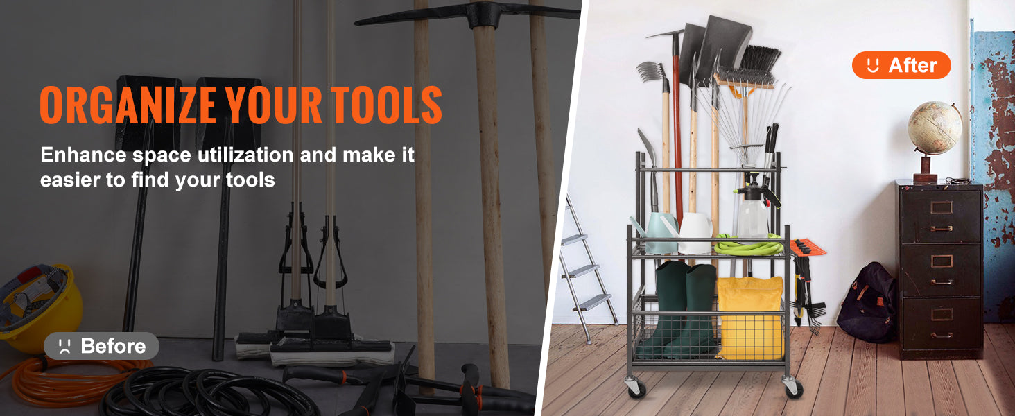 SucceBuy 16 Slots Garden Tool Organizer Yard Tool 
Tower Rack with Hooks Wheels 
Long-Handled Rake Stand Holder for Garage Storage