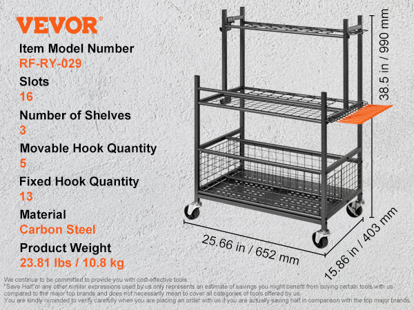 VEVOR Garden Tool Organizer, 16 Slots, Hooks, Tower Rack, Wheels, Garage, Long-Handled Tools, Rake, Broom, Metal Stand
