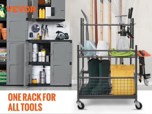 VEVOR Garden Tool Organizer, 16 Slots, Hooks, Tower Rack, Wheels, Garage, Long-Handled Tools, Rake, Broom, Metal Stand