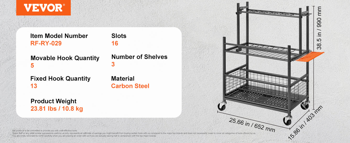 VEVOR Garden Tool Organizer, 16 Slots, Hooks, Tower Rack, Wheels, Garage, Long-Handled Tools, Rake, Broom, Metal Stand