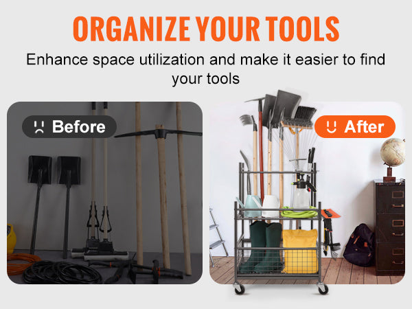 VEVOR Garden Tool Organizer, 16 Slots, Hooks, Tower Rack, Wheels, Garage, Long-Handled Tools, Rake, Broom, Metal Stand