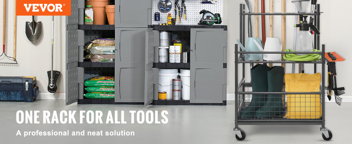 VEVOR Garden Tool Organizer, 16 Slots, Hooks, Tower Rack, Wheels, Garage, Long-Handled Tools, Rake, Broom, Metal Stand